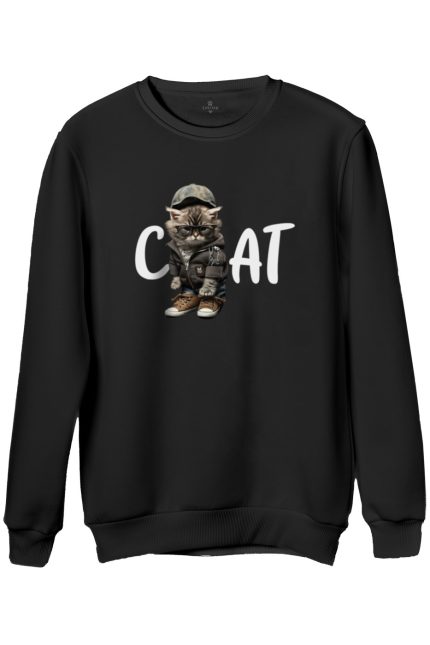 Kedi Baskılı Regular Bisiklet Yaka Sweat